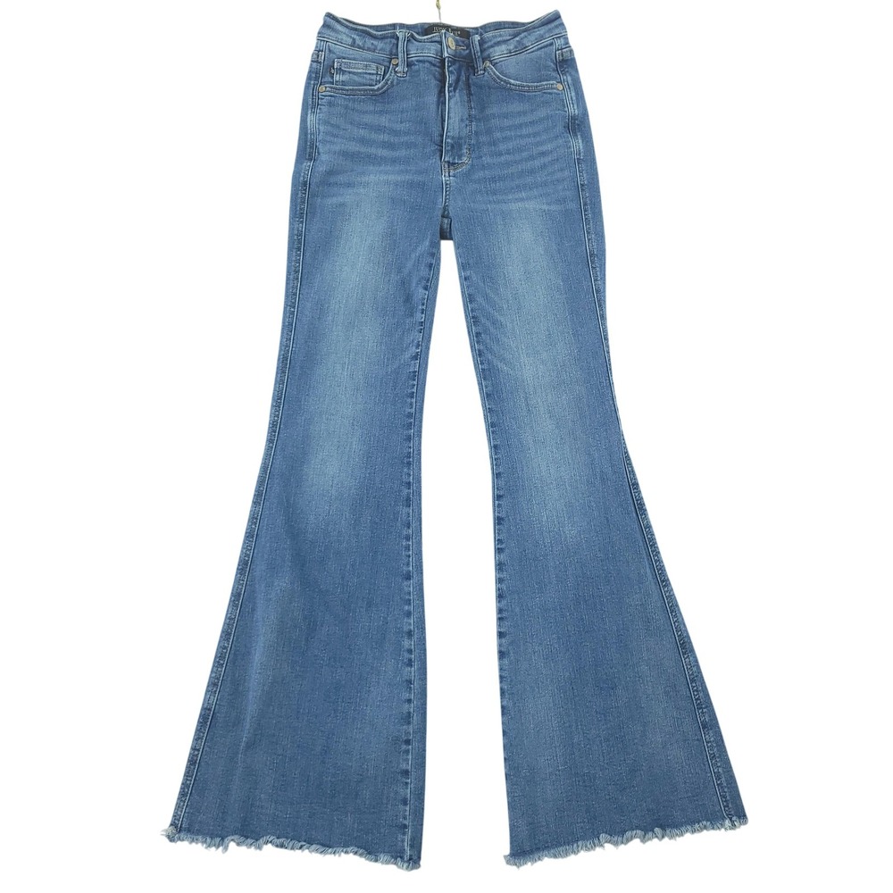 Judy Blue Jeans Womens 5/27 Blue Med Wash Mid Rise Flare Raw Hem Stretch Denim